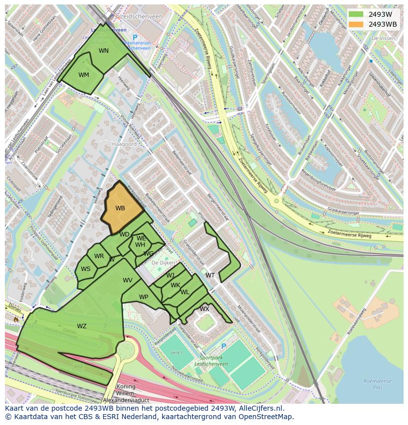 Afbeelding van het postcodegebied 2493 WB op de kaart.
