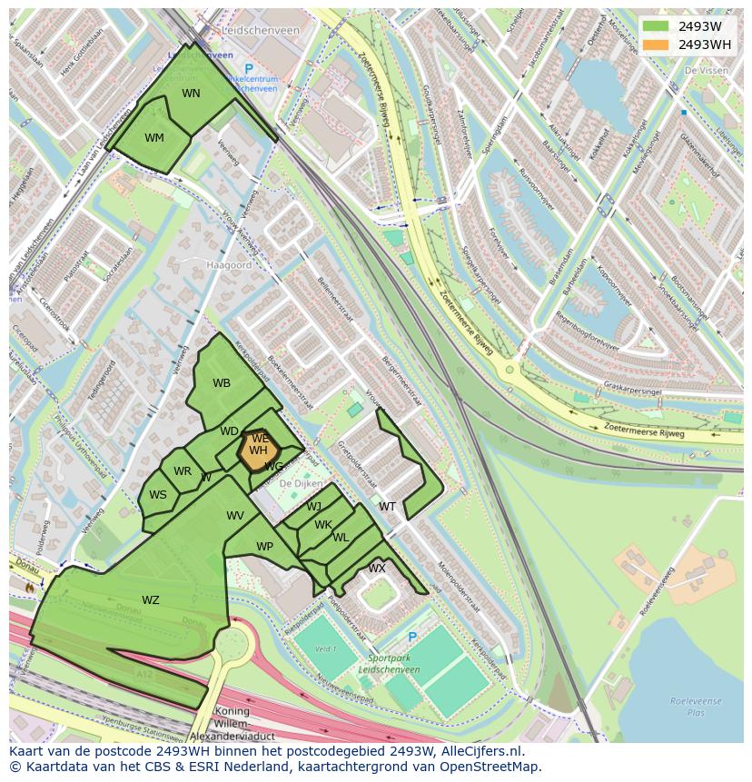 Afbeelding van het postcodegebied 2493 WH op de kaart.