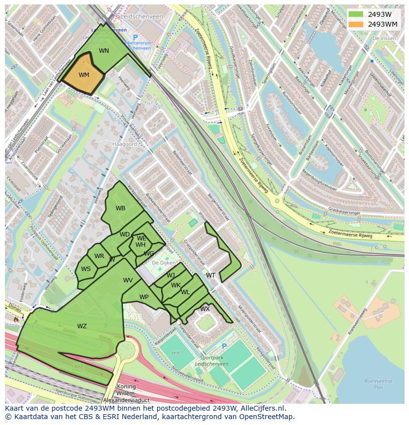 Afbeelding van het postcodegebied 2493 WM op de kaart.