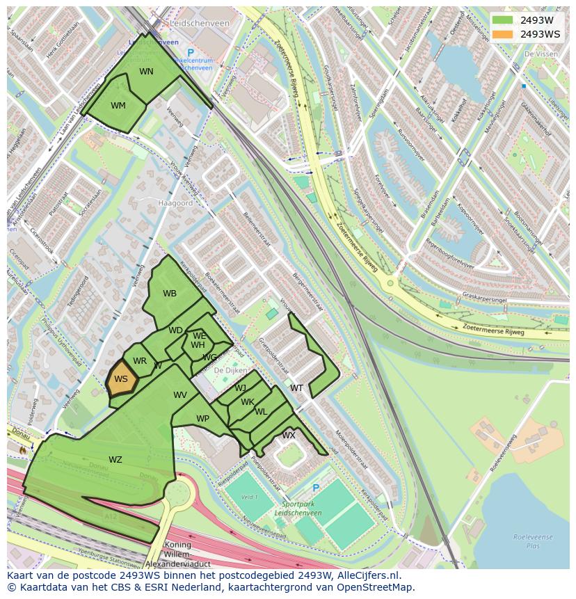 Afbeelding van het postcodegebied 2493 WS op de kaart.