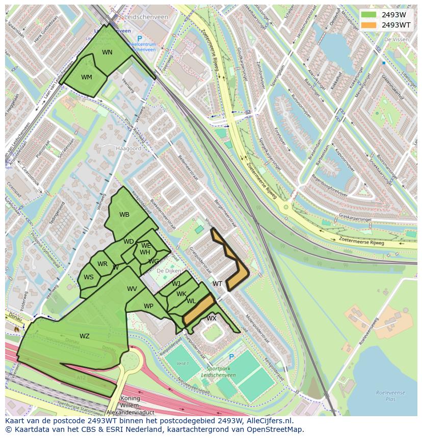 Afbeelding van het postcodegebied 2493 WT op de kaart.