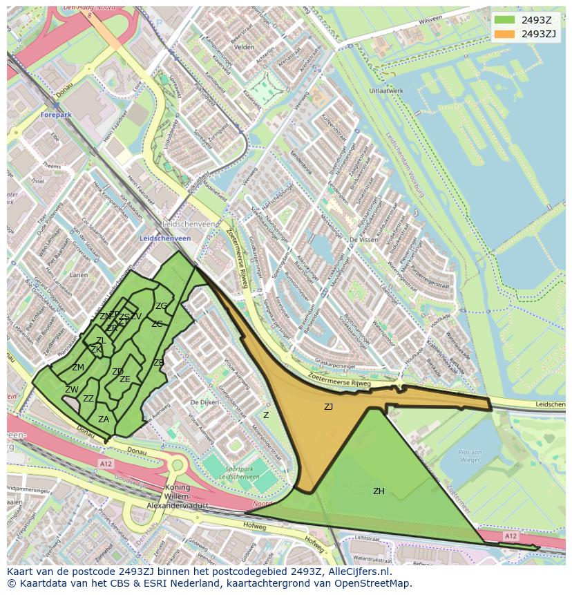 Afbeelding van het postcodegebied 2493 ZJ op de kaart.