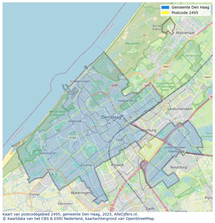 Afbeelding van het postcodegebied 2495 op de kaart.