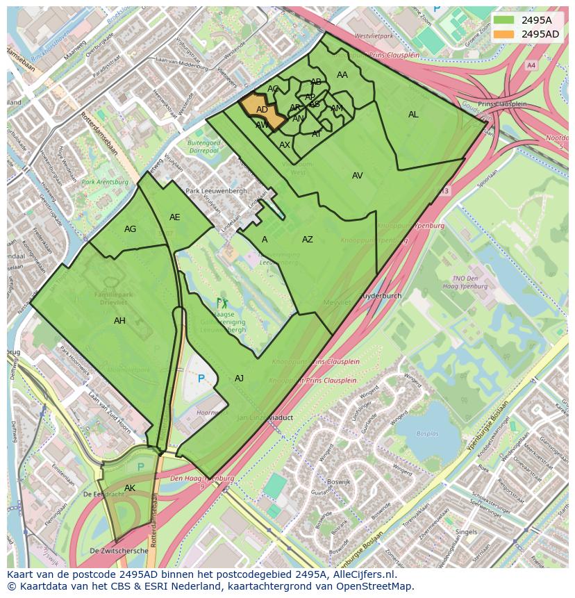 Afbeelding van het postcodegebied 2495 AD op de kaart.
