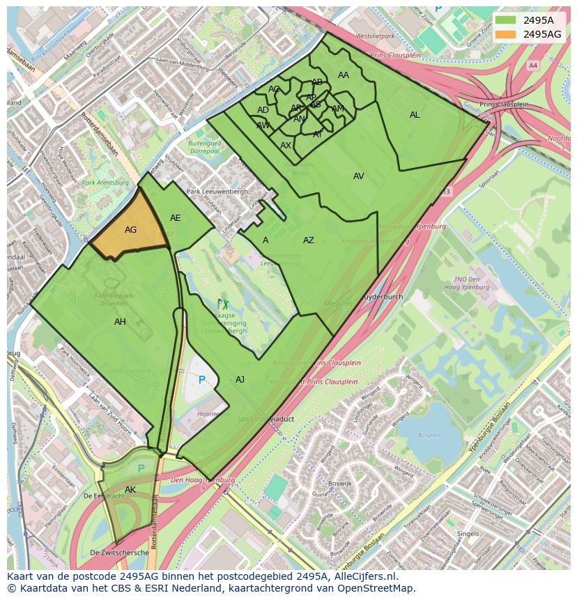 Afbeelding van het postcodegebied 2495 AG op de kaart.
