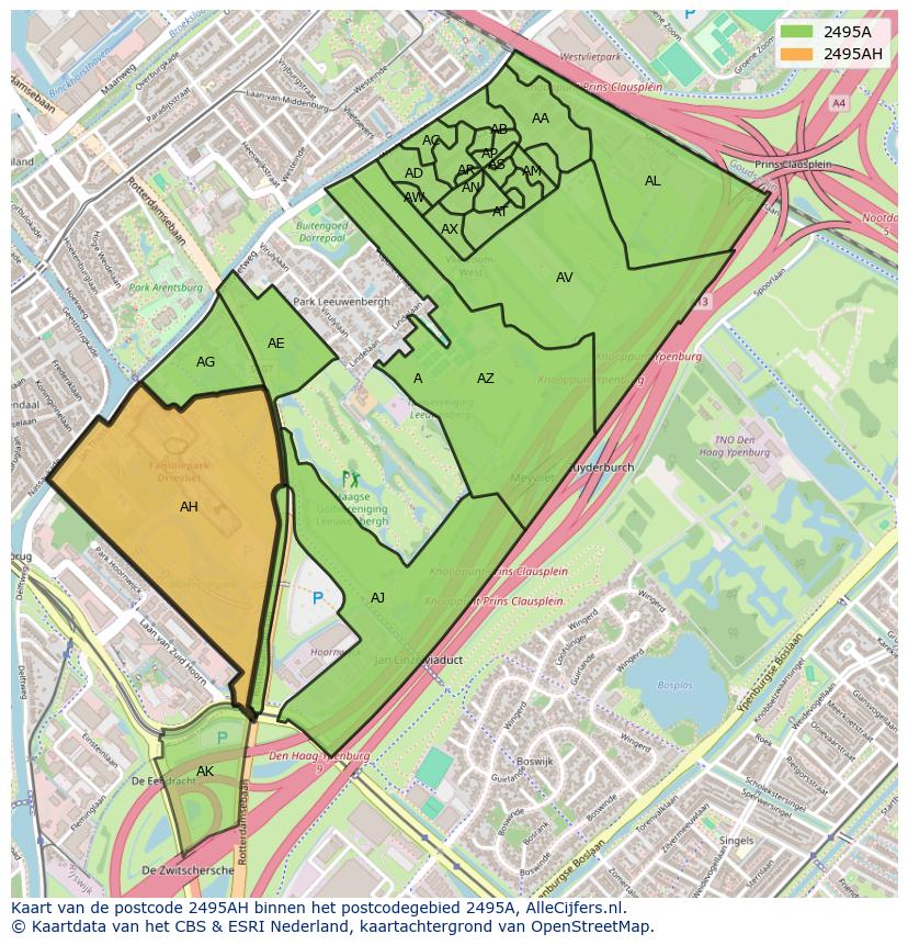 Afbeelding van het postcodegebied 2495 AH op de kaart.