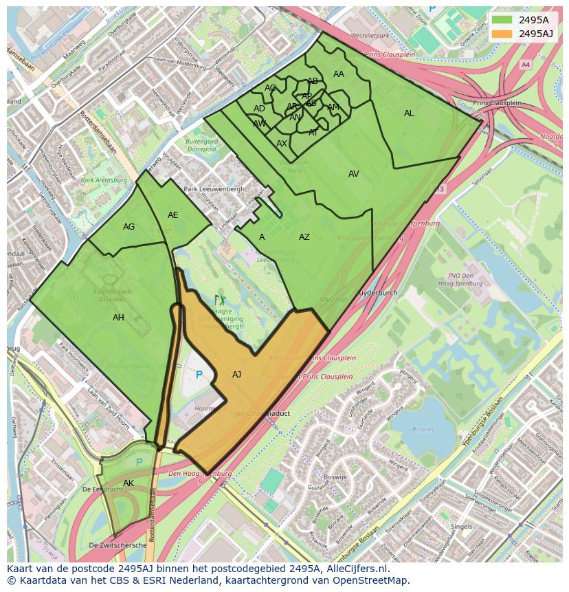 Afbeelding van het postcodegebied 2495 AJ op de kaart.