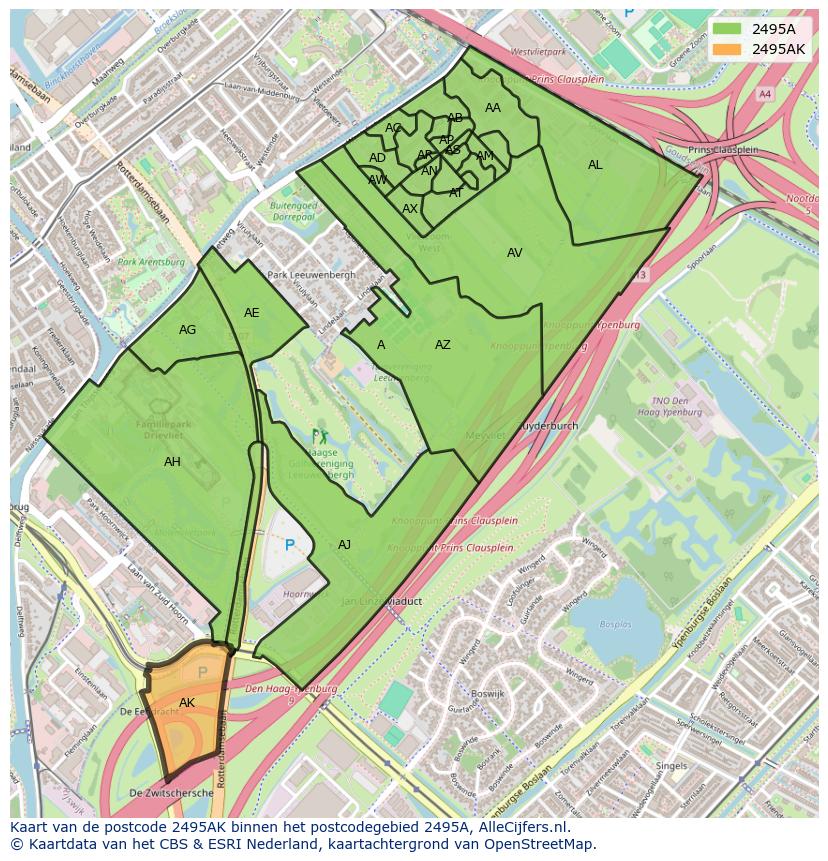 Afbeelding van het postcodegebied 2495 AK op de kaart.