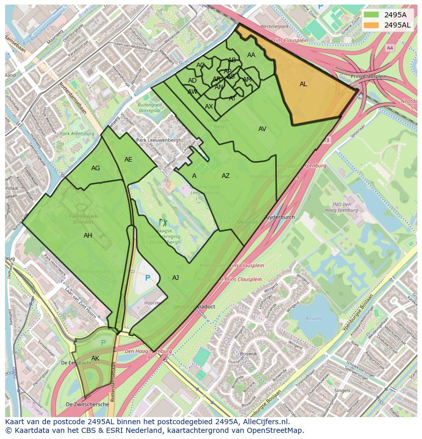 Afbeelding van het postcodegebied 2495 AL op de kaart.