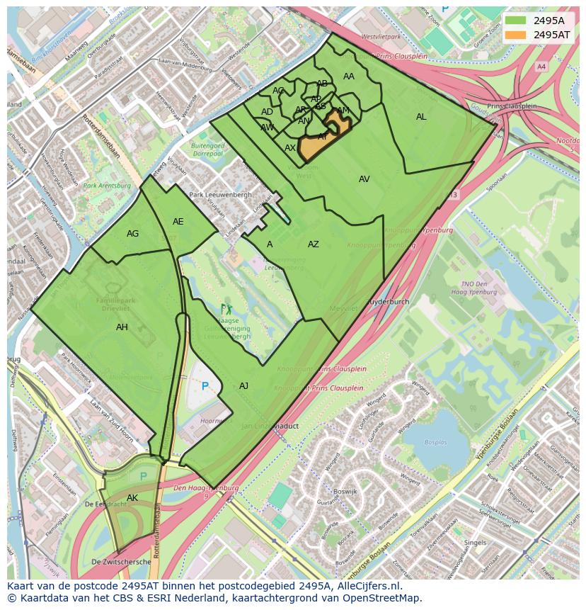 Afbeelding van het postcodegebied 2495 AT op de kaart.