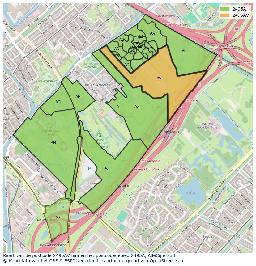 Afbeelding van het postcodegebied 2495 AV op de kaart.