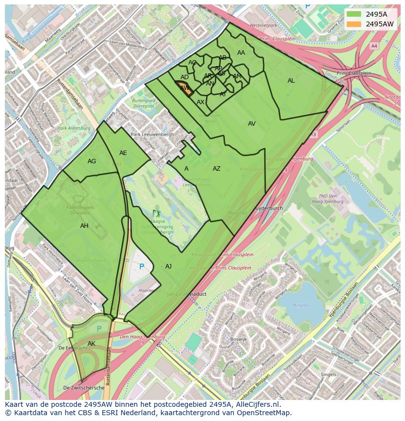 Afbeelding van het postcodegebied 2495 AW op de kaart.