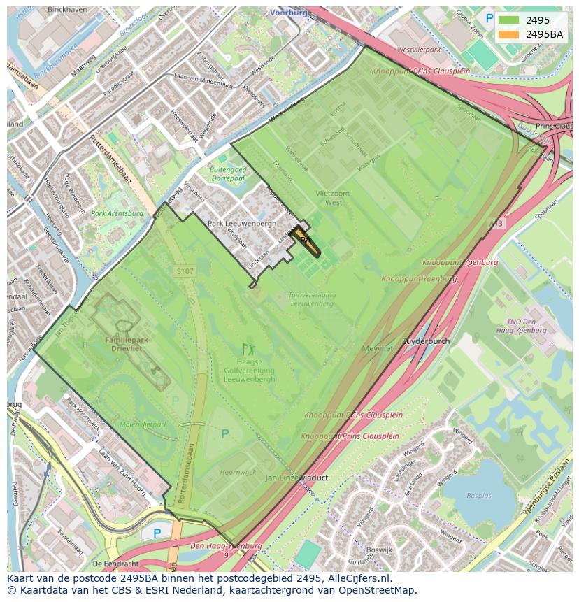 Afbeelding van het postcodegebied 2495 BA op de kaart.