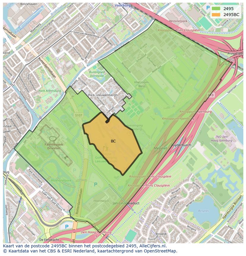 Afbeelding van het postcodegebied 2495 BC op de kaart.