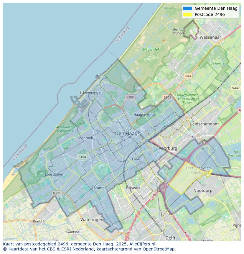 Afbeelding van het postcodegebied 2496 op de kaart.