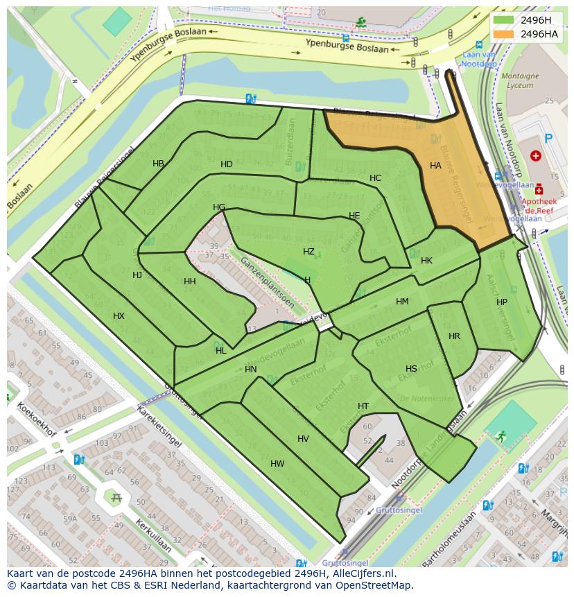 Afbeelding van het postcodegebied 2496 HA op de kaart.