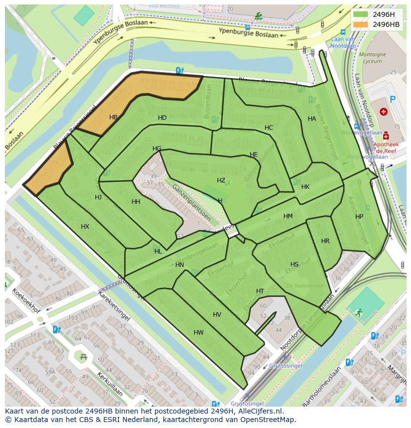 Afbeelding van het postcodegebied 2496 HB op de kaart.