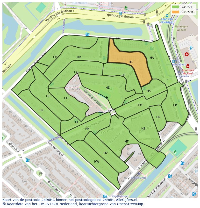 Afbeelding van het postcodegebied 2496 HC op de kaart.