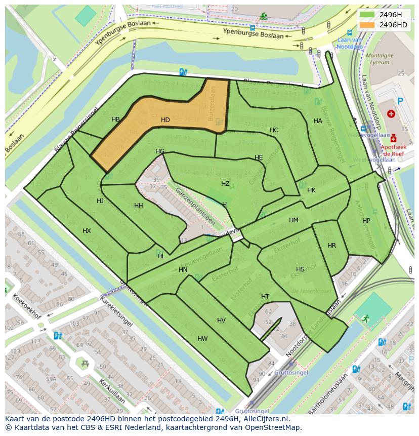 Afbeelding van het postcodegebied 2496 HD op de kaart.