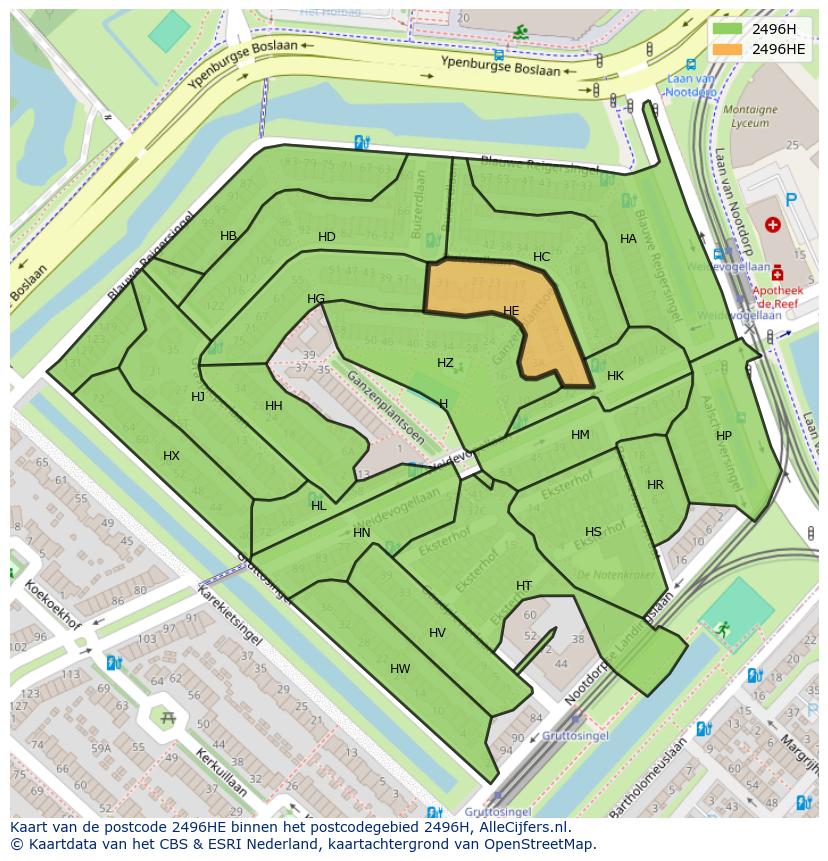 Afbeelding van het postcodegebied 2496 HE op de kaart.