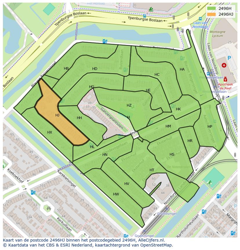 Afbeelding van het postcodegebied 2496 HJ op de kaart.