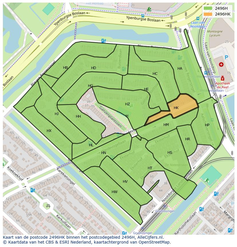 Afbeelding van het postcodegebied 2496 HK op de kaart.