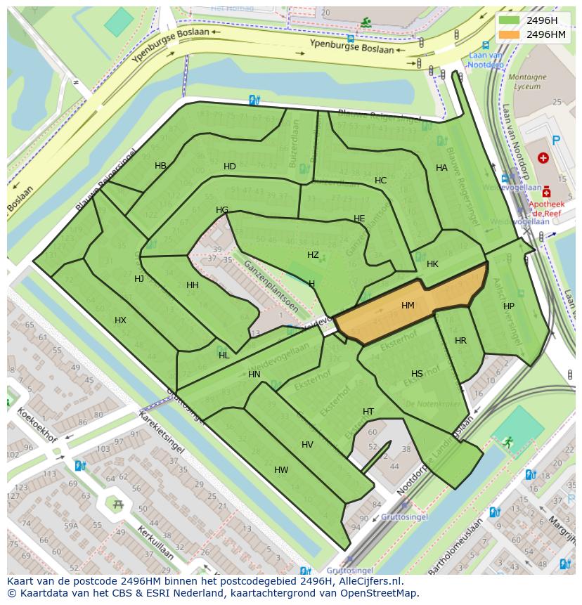Afbeelding van het postcodegebied 2496 HM op de kaart.