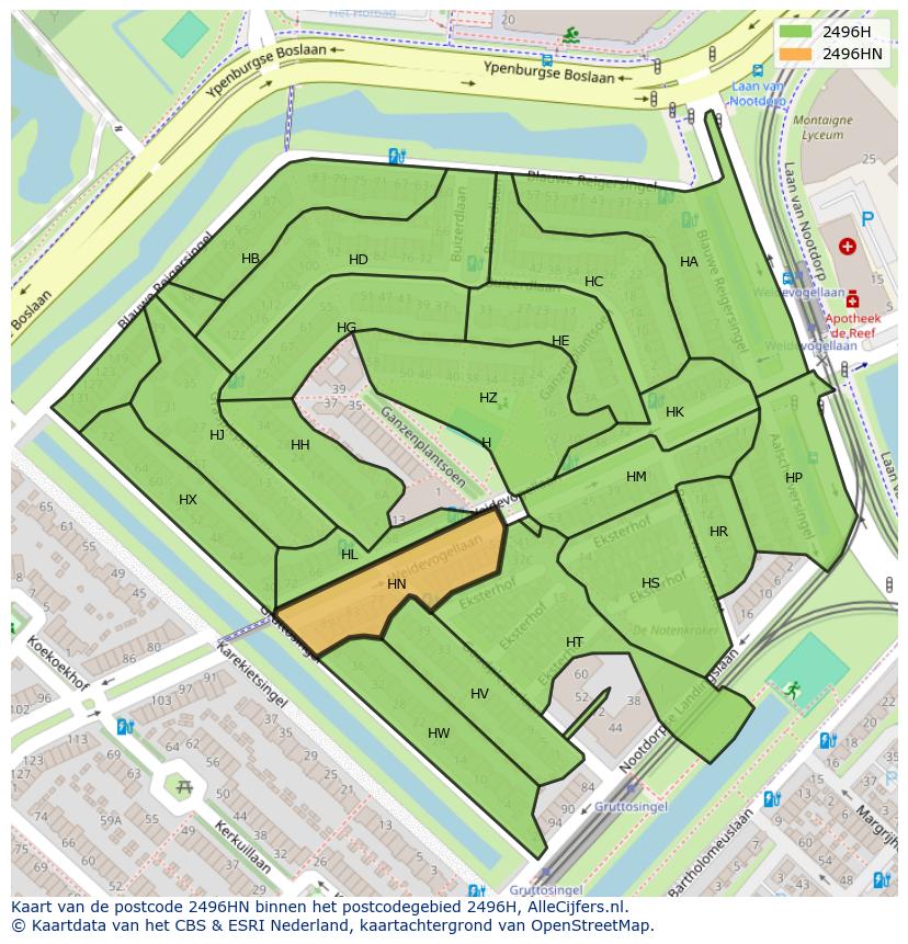 Afbeelding van het postcodegebied 2496 HN op de kaart.