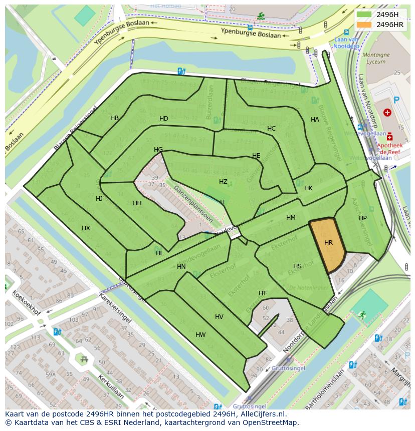 Afbeelding van het postcodegebied 2496 HR op de kaart.