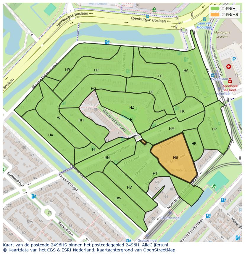 Afbeelding van het postcodegebied 2496 HS op de kaart.