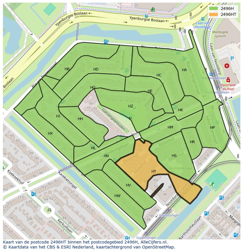 Afbeelding van het postcodegebied 2496 HT op de kaart.
