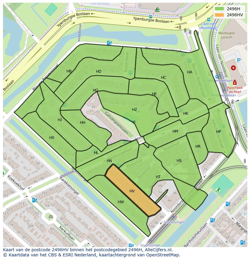 Afbeelding van het postcodegebied 2496 HV op de kaart.