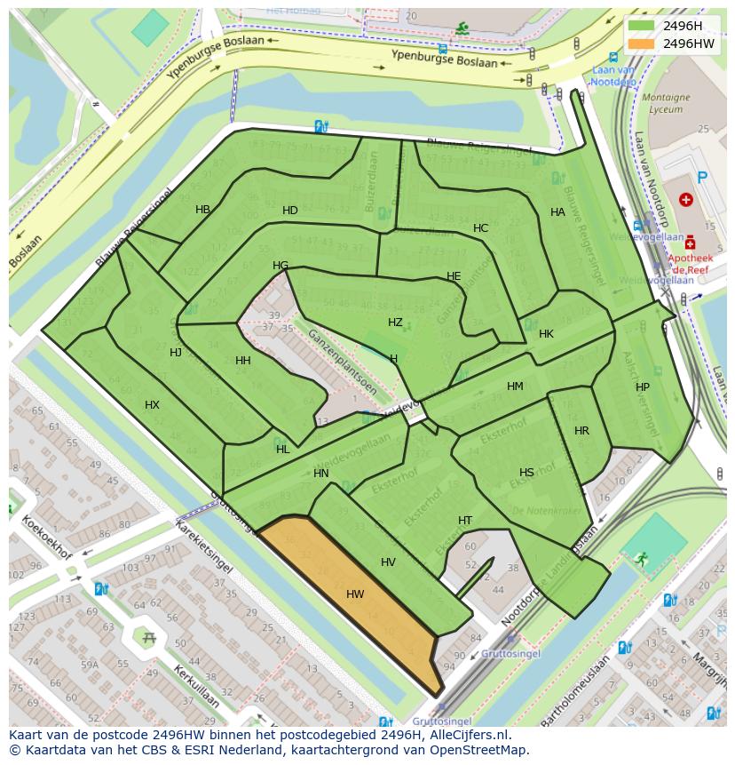 Afbeelding van het postcodegebied 2496 HW op de kaart.