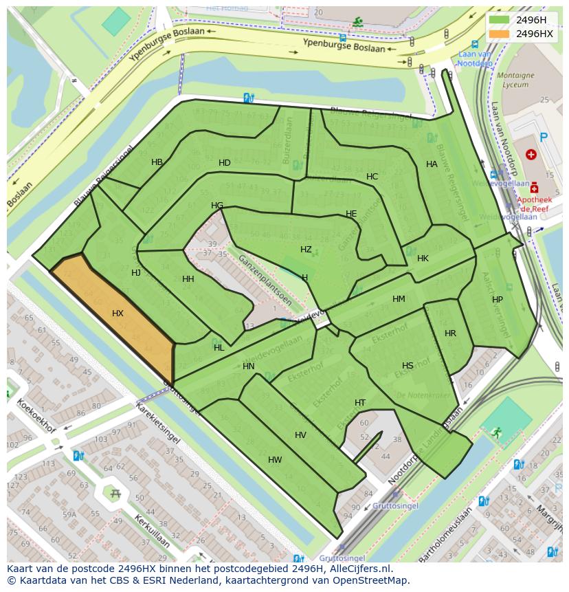 Afbeelding van het postcodegebied 2496 HX op de kaart.