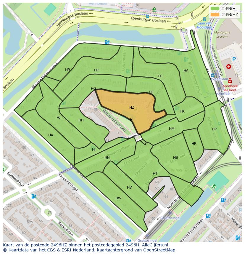 Afbeelding van het postcodegebied 2496 HZ op de kaart.