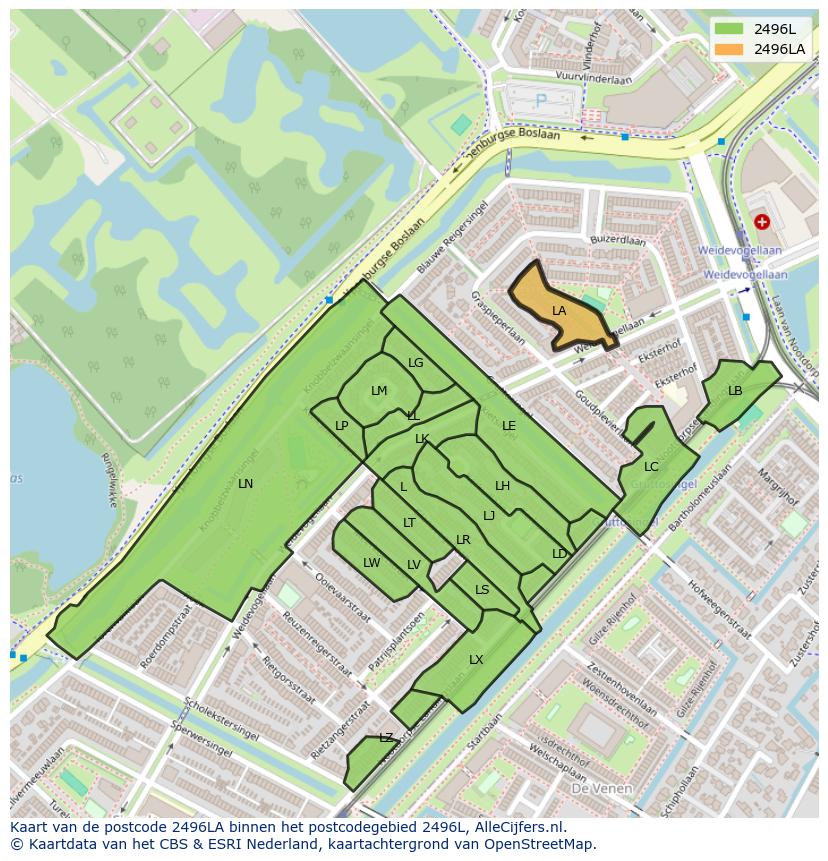 Afbeelding van het postcodegebied 2496 LA op de kaart.