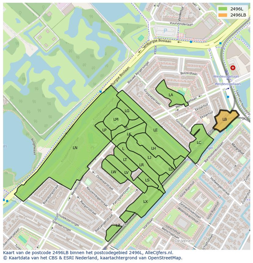 Afbeelding van het postcodegebied 2496 LB op de kaart.