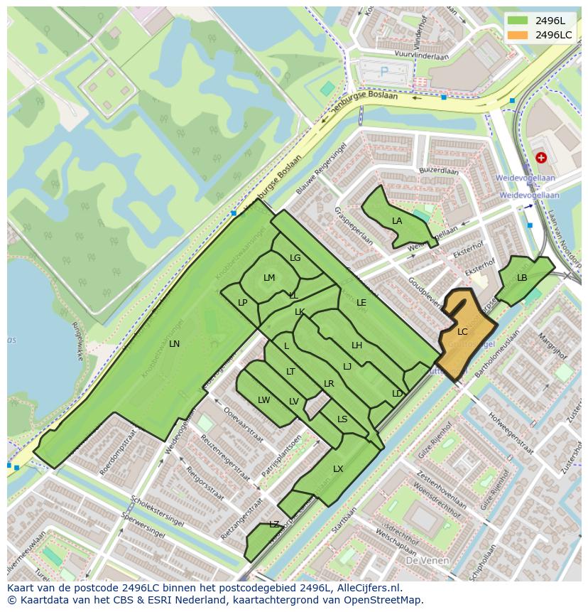 Afbeelding van het postcodegebied 2496 LC op de kaart.