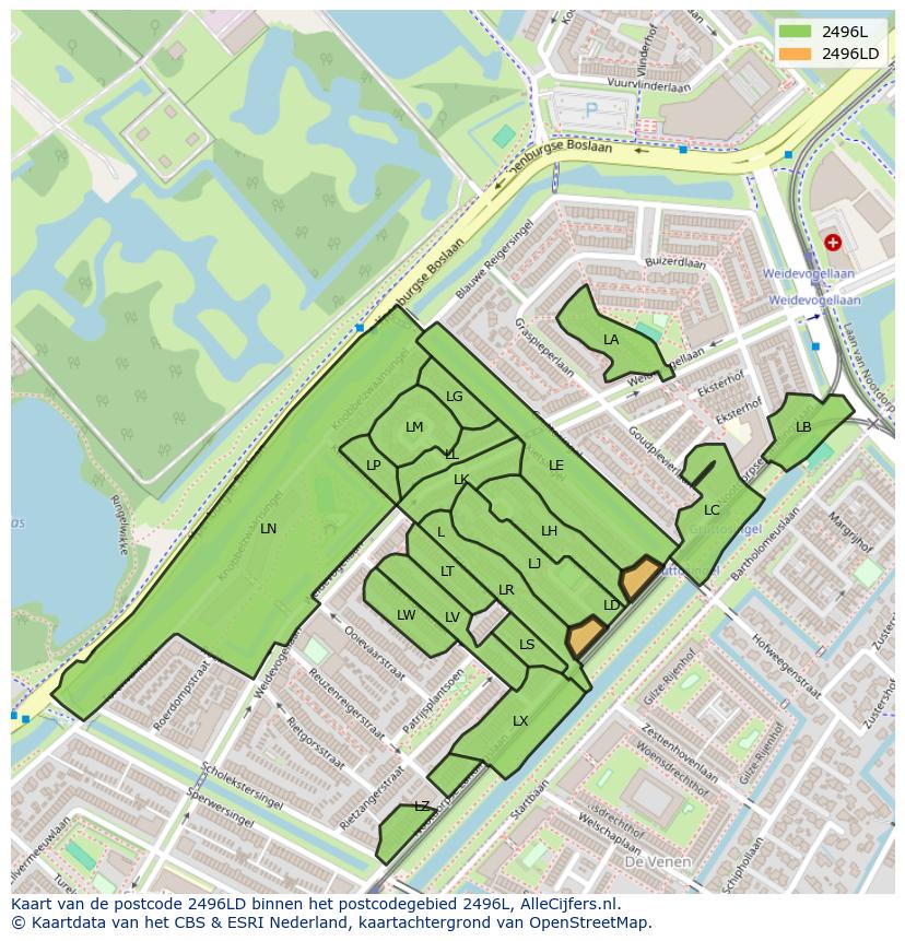 Afbeelding van het postcodegebied 2496 LD op de kaart.