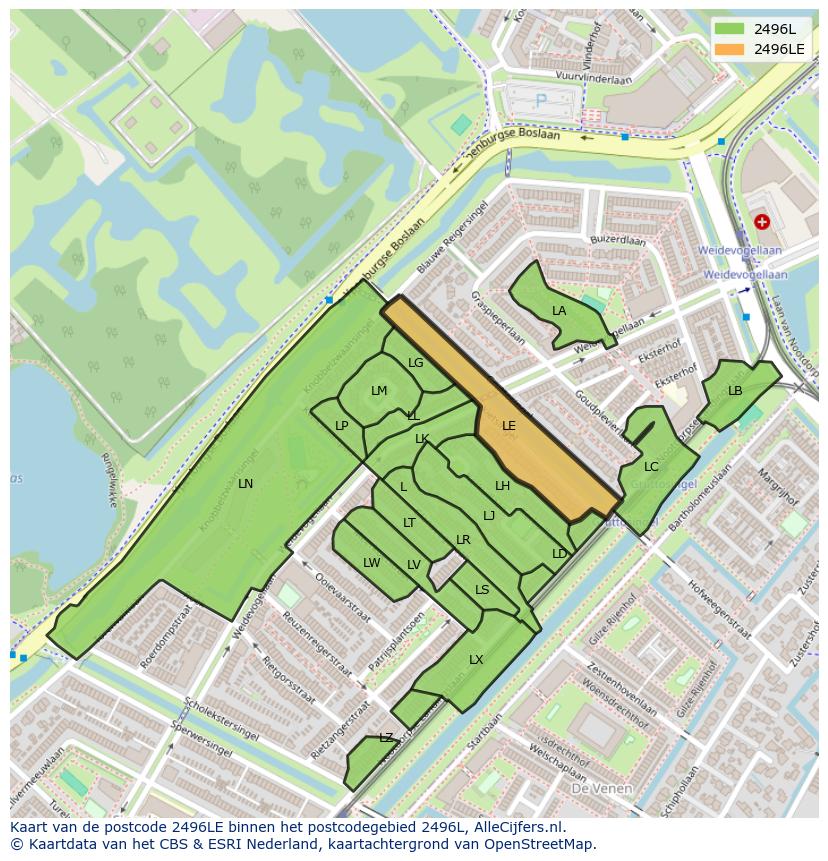 Afbeelding van het postcodegebied 2496 LE op de kaart.