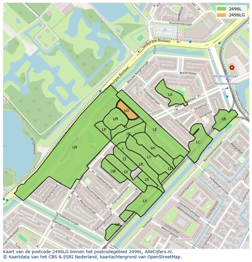Afbeelding van het postcodegebied 2496 LG op de kaart.