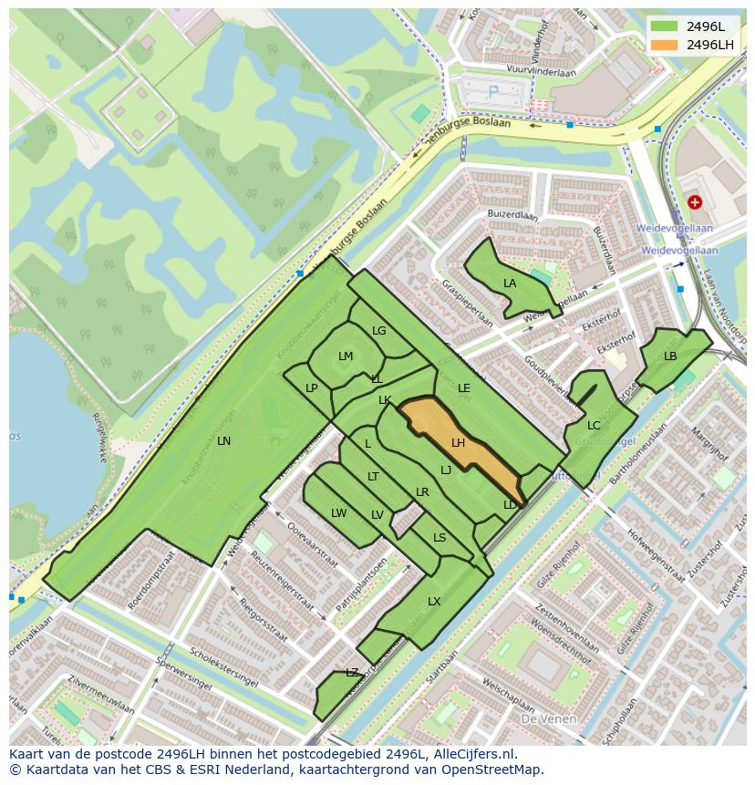 Afbeelding van het postcodegebied 2496 LH op de kaart.