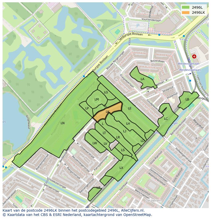 Afbeelding van het postcodegebied 2496 LK op de kaart.