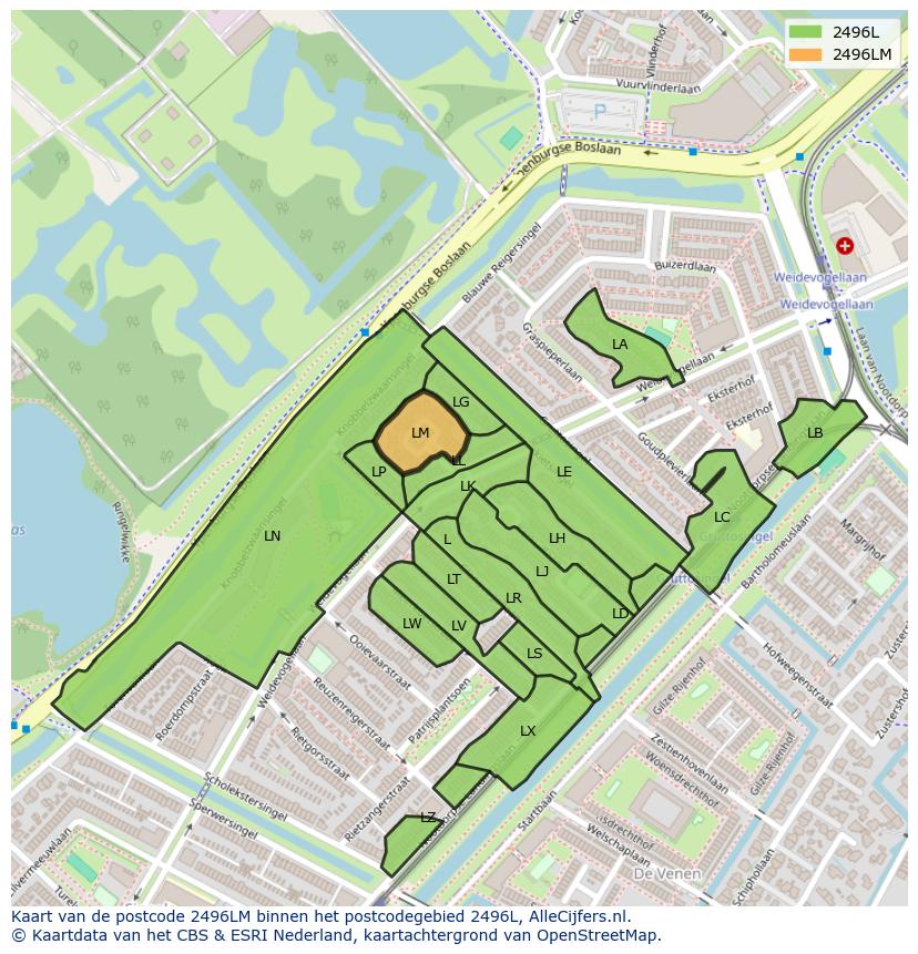 Afbeelding van het postcodegebied 2496 LM op de kaart.