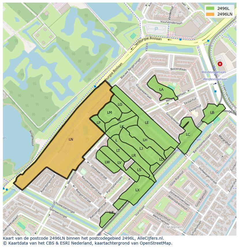 Afbeelding van het postcodegebied 2496 LN op de kaart.