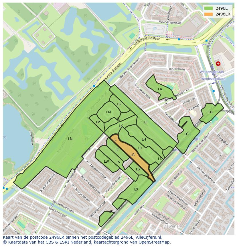Afbeelding van het postcodegebied 2496 LR op de kaart.