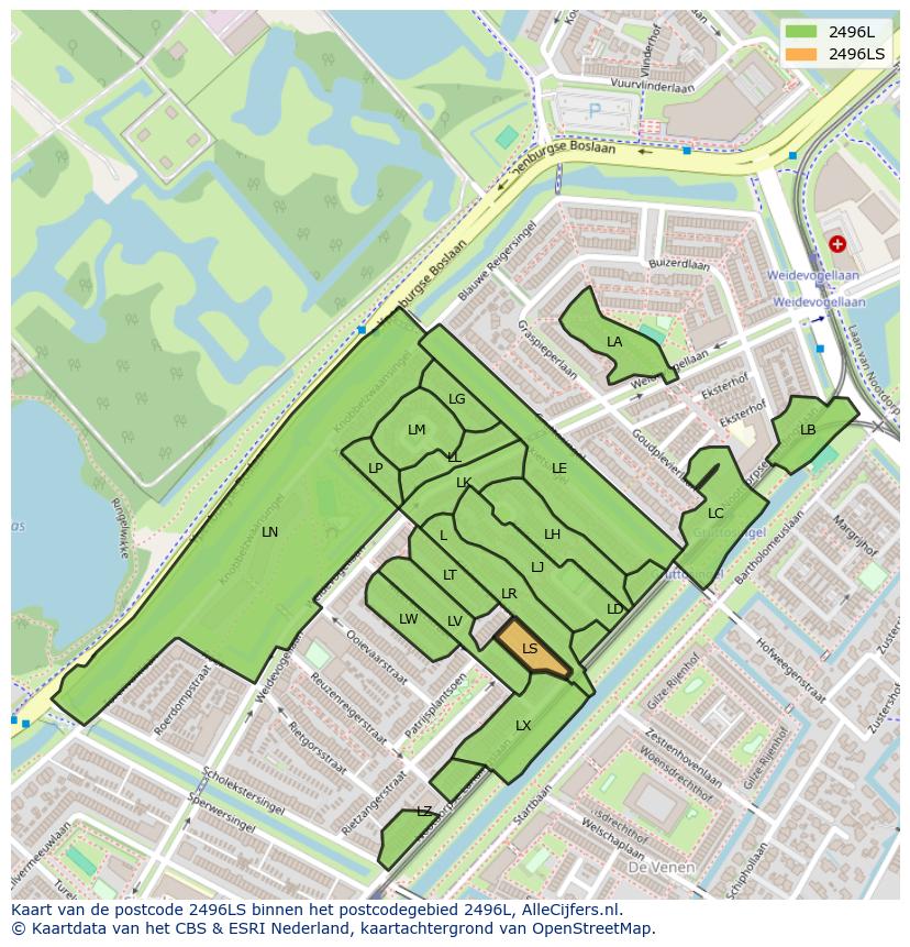 Afbeelding van het postcodegebied 2496 LS op de kaart.