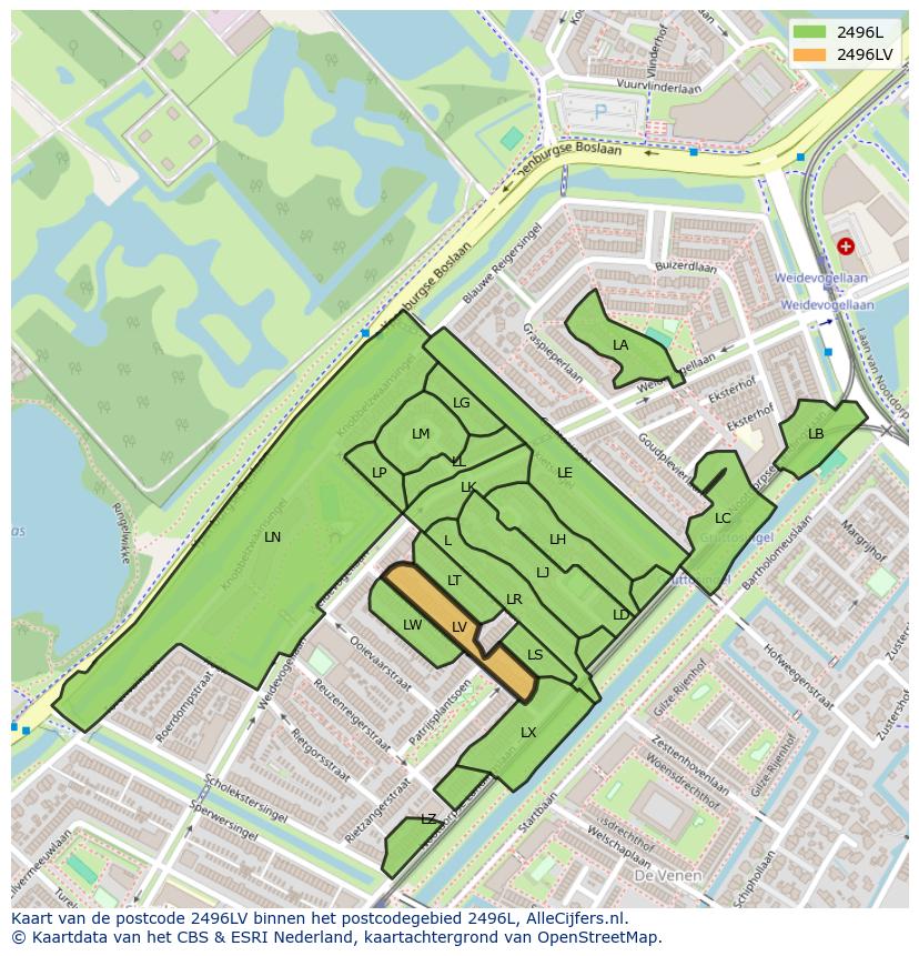 Afbeelding van het postcodegebied 2496 LV op de kaart.
