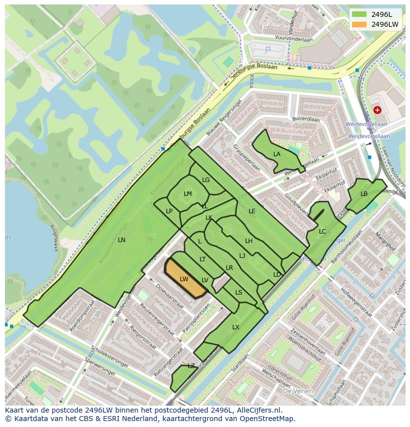 Afbeelding van het postcodegebied 2496 LW op de kaart.