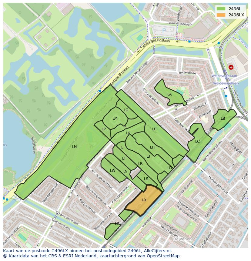 Afbeelding van het postcodegebied 2496 LX op de kaart.